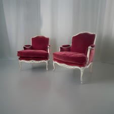 Pair of Antique Louis XV Style Fauteuil Carved Beechwood, Down, Burgundy Velvet