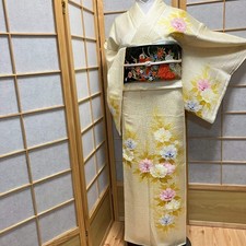 6123# Kimono japonais vintage femme tissu soie robe kimono vendu jaune unique...