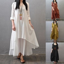 Womens Casual Kaftan Tunic Gypsy Maxi Dress Long Sleeve Cotton Linen Boho Dress