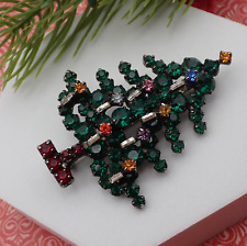 Austria Multicolor Christmas Tree Rhinestone Candle Lit Layered Silver Tone Pin