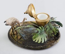 Early 20th C Continental Cold Painted BRONZE Inkwell Flamingo and Palm Tree