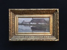 J. CARVIN Daté Juin 1916 CHAUMIÈRE AU BORD DE L’ÉTANG Cadre BARBIZON XIX ème