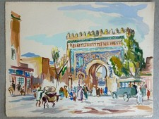 Gouache Paysage Orientaliste Marocain Maroc Médina Fès Bab Bou Jeloud Boujloud