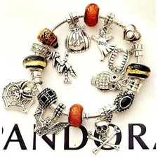PANDORA GOTHIC HALLOWEEN Charm Bracelet  .925 Sterling Silver Bat Skull Witch Te