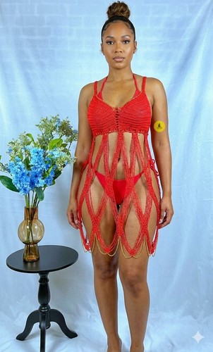 Red crochet dress handmade - red,