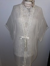 Victoria’s Secret Sheer White Robe Size L Front Satin Waist Tie Kimono Sleeve