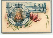 Embossed Card - Portrait of a Little Dutch Woman, and a Tulip - 17457