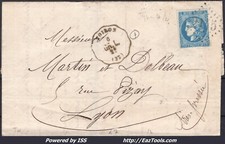 FRANCE N°46B SUR LETTRE GC 2145 + CONVOYEUR STATION VOIRON DU 06/04/1871