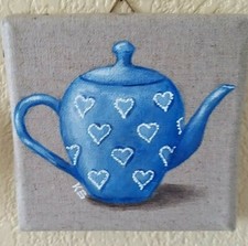 TABLEAU 10 X 10 THEIERE BLEUE COEURS BLANCS SUR TOILE LIN