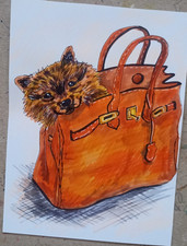 Original painting Pomeranian Spitz Dog puppy in the bag Art cute pet 8x5.5''