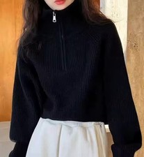 Pull femme noir col montant zippé tricot coréen hiver chaud élégant