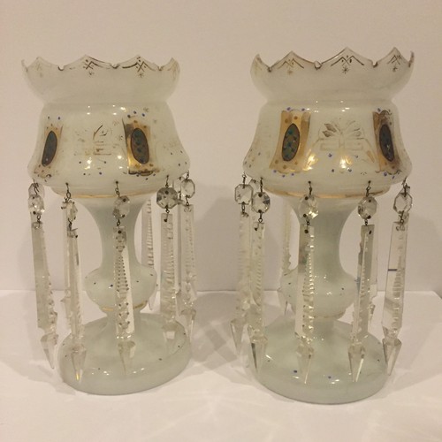 Pair white opaline lustres - of,