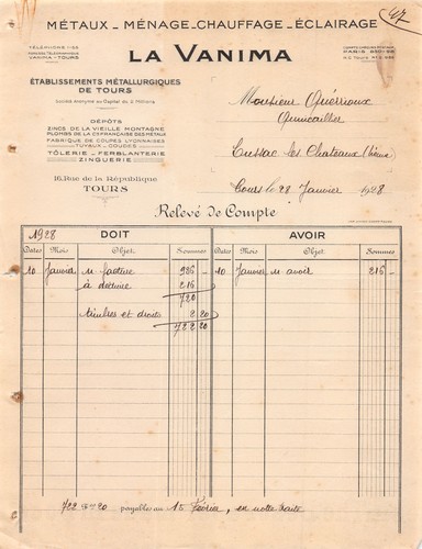 Facture 1928 metaux menage - facture,