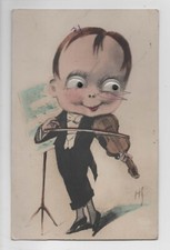 Old postcard a system. Violinist with walking eyes. Signed HS.