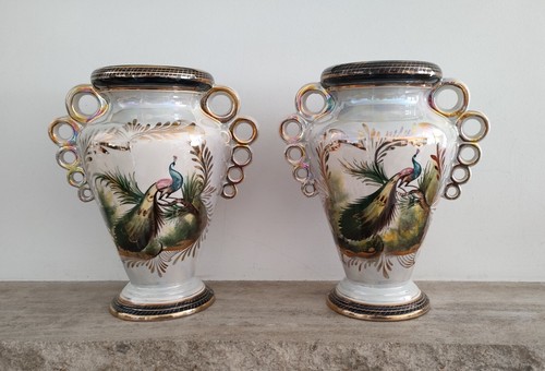 Paire vases paons anses - vases,