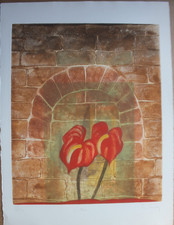 René CARCAN - Gravure etching signée EA la fleur  le mur 1975 Belgium