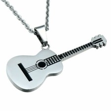 COLLIER Pendentif guitare acoustique - métal chrome - 5x2cm - collier 60cm