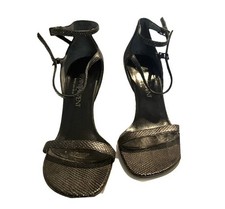 YSL Rive Gauche Black Leather Wedge Sandals  39 Italy Pristine 5" Authentic