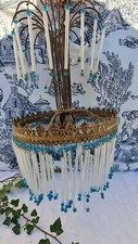 ANCIEN LUSTRE COURONNE BRONZE ET PAMPILLES EN VERRE ET BOULLES BLEUES