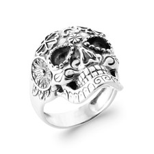 Bague Chevalière Homme Symbole Tête de Mort Argent Massif Rhodié Tailles 58 à 68