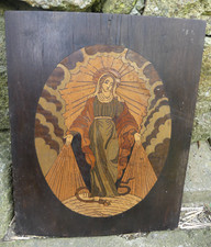 Antique Virgin Mary Domed Marquetry Sacred Furniture Door Panel 28X22.5