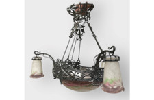 old art deco wrought iron and glass paste chandelier signed MULLER Frs Lunéville