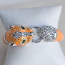 Vintage Noir Yellow Enamel Panther Head Clamper Bracelet Gold Tone Rhinestones