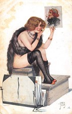 Old postcard illustrator / j.tam / le model espiegle / femme au porte gartelle