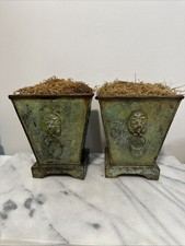 Two French Style metal Jardiniere Planters lion head W/ring handle fleur-de-lis