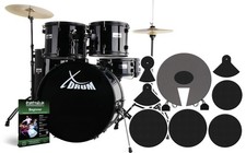Kit Batterie Acoustique 20'' Ensemble Complet Tabouret Sourdine Cymbales Noir