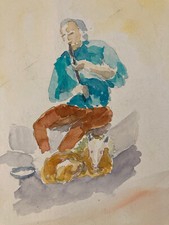 Beautiful painting paper watercolor orientalist portrait Georges Massa goat flute