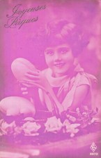 CP ROSE PAQUES PETITE FILLE SOURIANTE PANIER OEUFS FLEURS - 43635