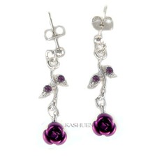 ~Wine Purple Rose Flower Floral made with Swarovski Crystal Bridal Earrings Cute