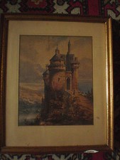 Aquarelle XIX° , Chateau sur