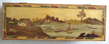 Boîte rectangulaire en bois Pêcheur en barque sur un lac 38 x 13,3 x 9,3 cm