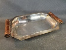 Ancien plateau de service table en métal argenté et poignées en bois vintage