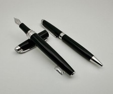 Stylo plume Caran d'Ache Leman noir rhodié plume or 18 carats et stylo à bill...