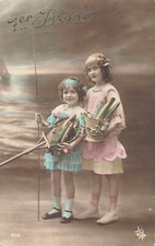 CP APRIL 1 ELEGANT LITTLE GIRLS WITH BUCKET FISH CANE FISHING