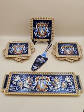Gien Renaissance Flat Blue Earthenware Cake Service 12 Plates Pie Shovel 1940s