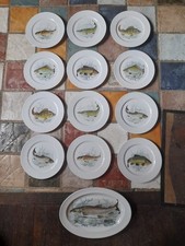 12 Assiettes + Plat Décor Poissons Porcelaine De Limoges Diamètre : 27cm