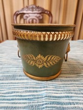 Vintage Green French Tole Cache Pot w/ Lion Head Ring Handles & Pierced Border