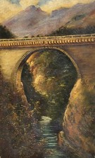 Signed antique painting.  A stone bridge. Oil painting on canvas. 