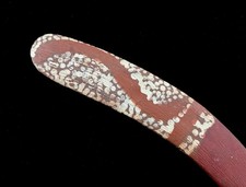 OLD ABORIGINAL BOOMERANG with RED OCHRE & PAINTED DESIGNS CEREMONIAL HAND CARVED