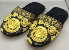 Versace Medusa Cotton/Terry Fabric Bath Slippers Black & Gold Size M Authentic