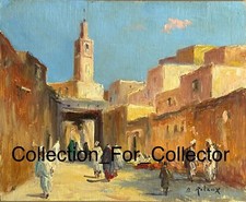 PEINTURE SUR PANNEAU RUE BAZAR ORIENTALISTE MARRAKECH MAROC SIGNEE B. RETAUX