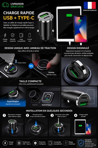 Chargeur voiture usb - voiture, usb-c