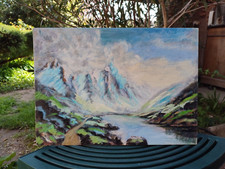 ANCIEN TABLEAU HUILE SUR CARTON ENTOILÉ LAC DE MONTAGNE 46 X 33 CM