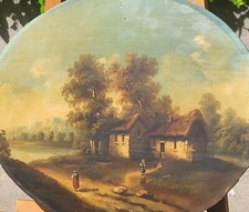Antique Signed French School Animated Landscape Painting Oil On Panel