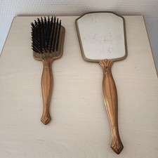 Ensemble de Miroirs à Main, Brosse en Métal Argenté/Tissu - Art Nouveau.