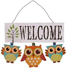 Hanging Wooden Welcome Sign Front Door Decor, Rustic Owl Design Hanging Sign